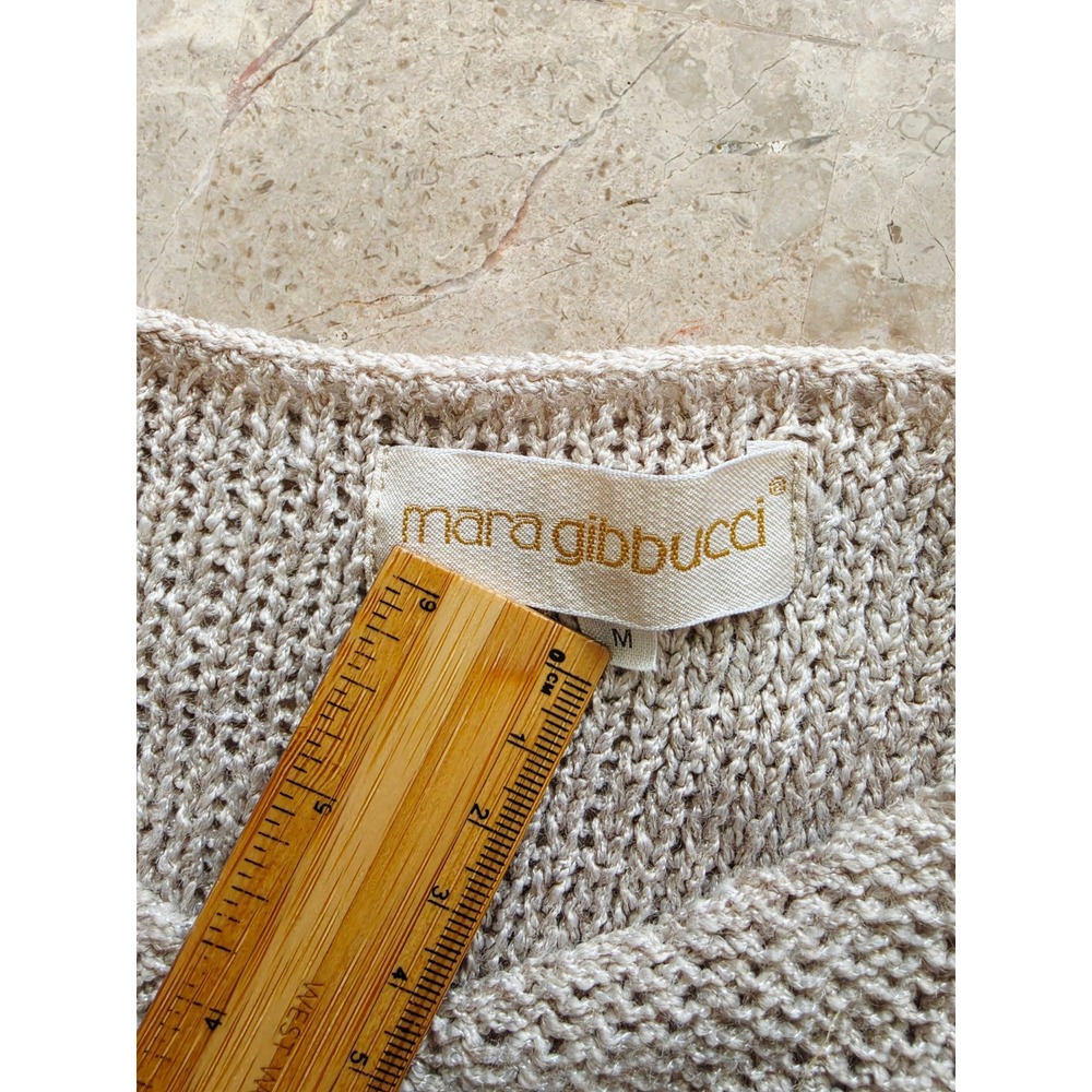 MARA GIBBUCCI Beige Lagenlook V-Neck Knit Top Side Tie Tassels Open Stitch M - Picture 14 of 16